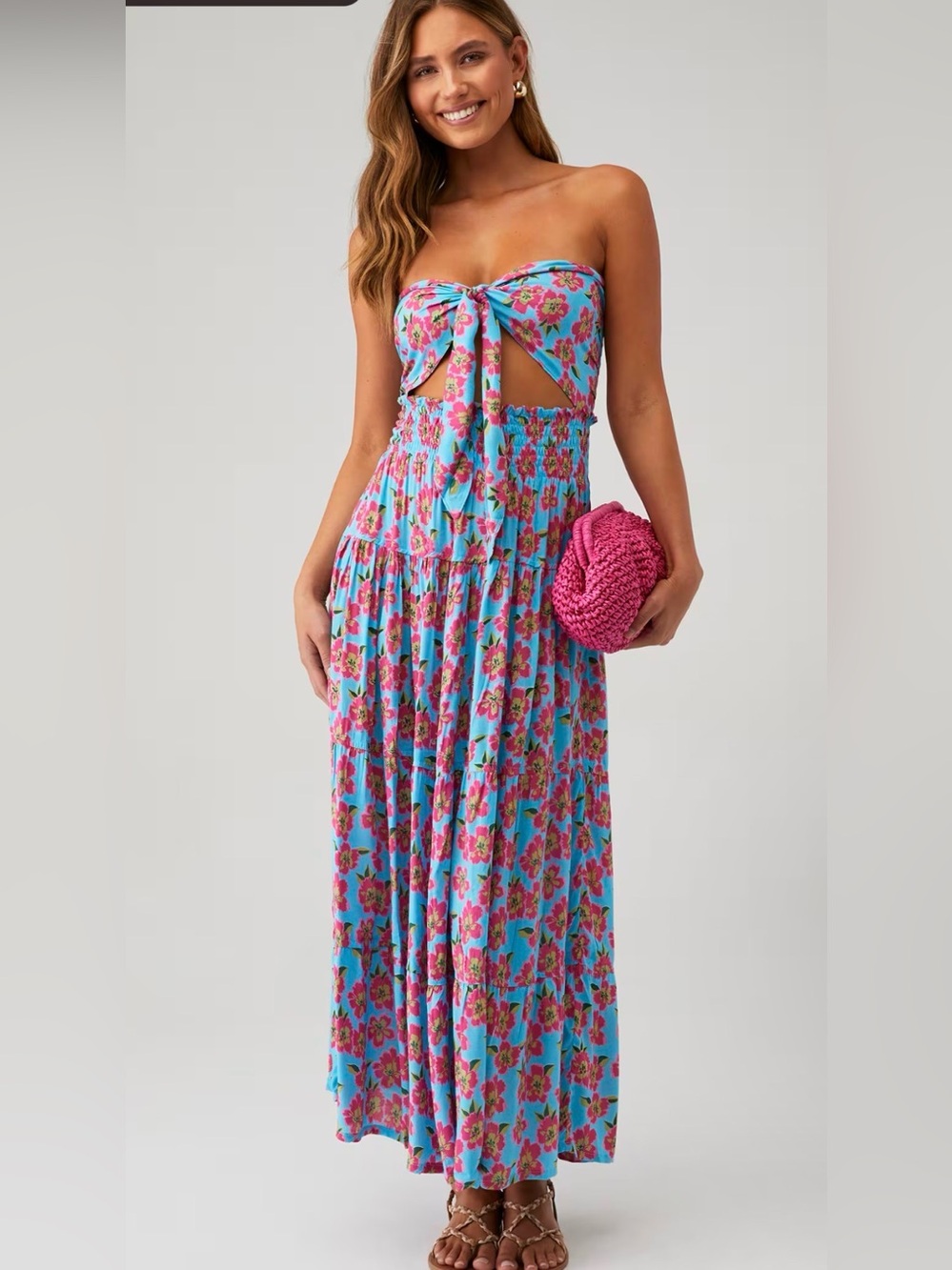 Tiare Hawaii Strapless Blue & Pink Floral Tie-Front Maxi Dress